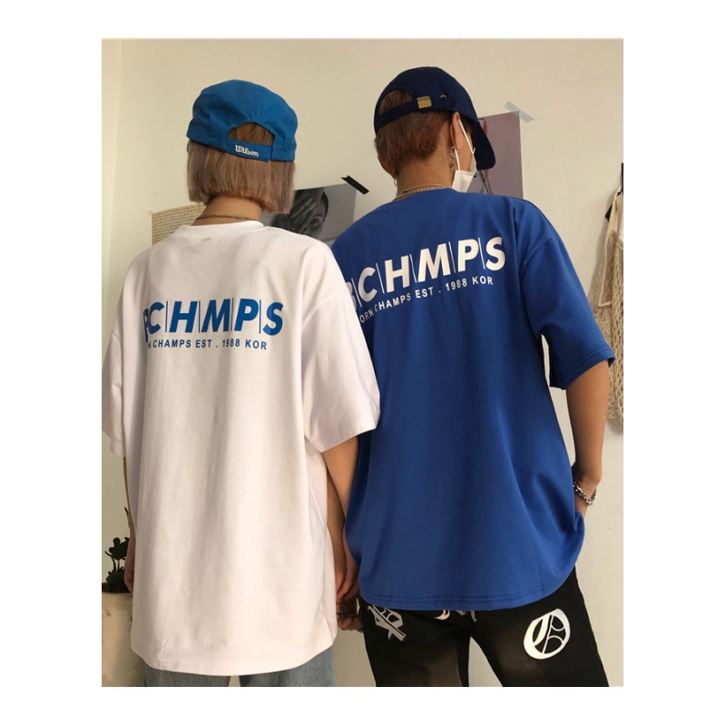 夏装韩版情侣嘻哈原宿潮字母印花短袖T恤男女bf宽松中长款五分袖