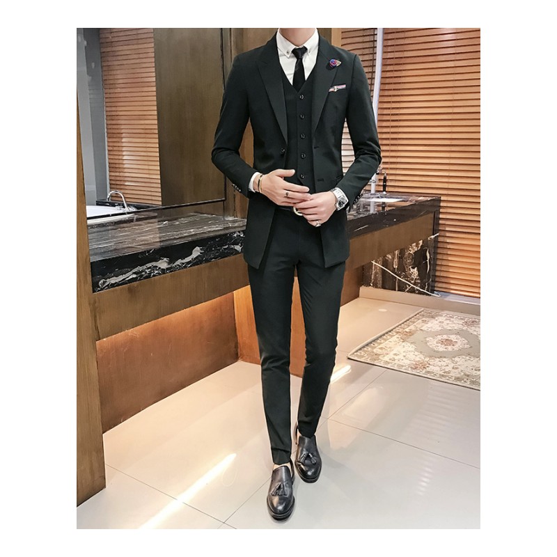2018春季新品潮男中长款西服套装型师韩版修身三件套英伦风西装