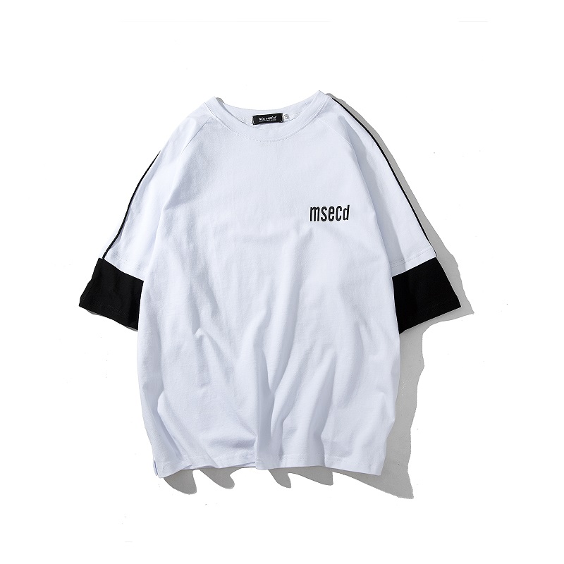 夏款男士短袖T恤韩版五分袖假两件打底衫学生BF原宿风宽松体恤衫