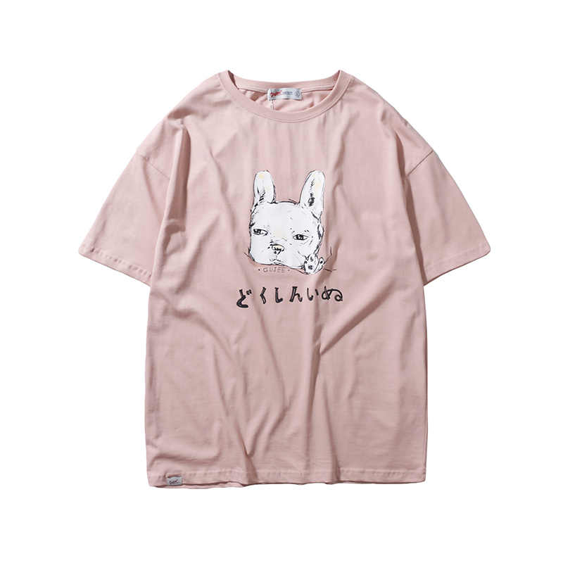 夏款日系原宿风韩版青少年卡通呆萌小狗印花圆领短袖T恤男宽松潮