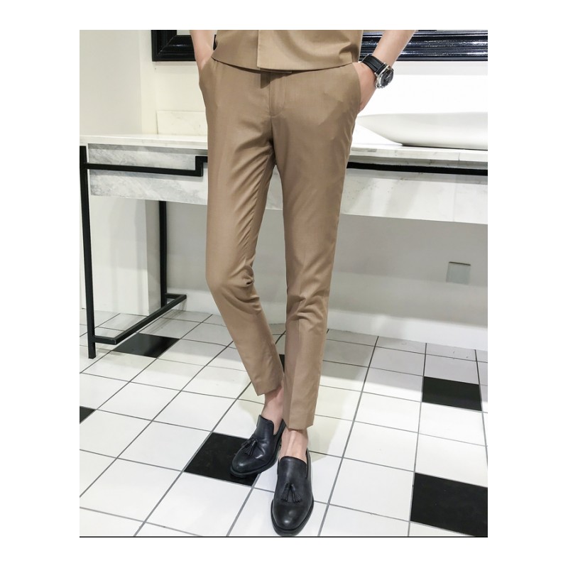 2018夏款新款青年型师时尚纯色小脚西服潮男修身百搭九分休闲裤