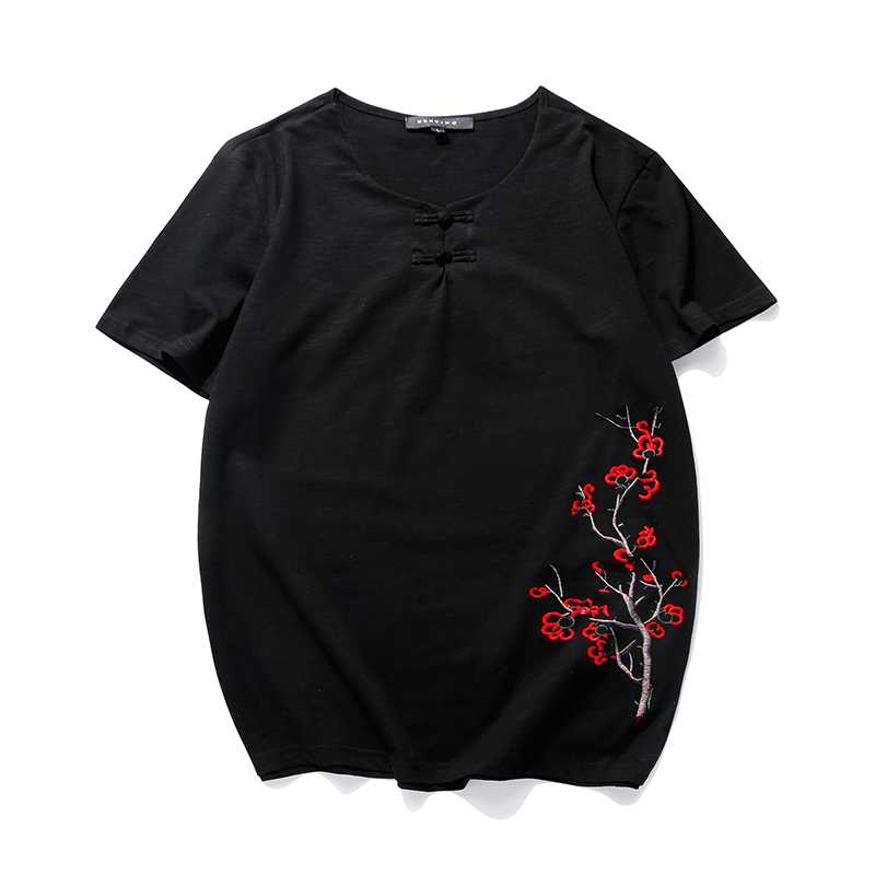 2018夏款新款盘扣复古T恤男士大码青年短袖中国风梅花刺绣半袖男