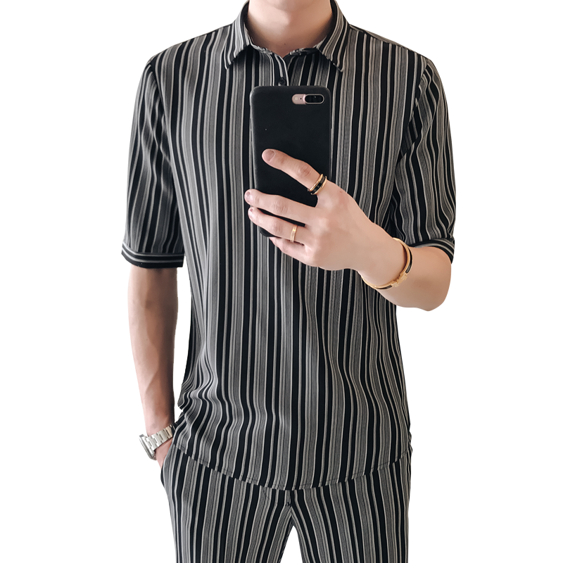 18韩版夏款新款条纹短袖九分裤套装青年型师休闲半袖衬衣两件套
