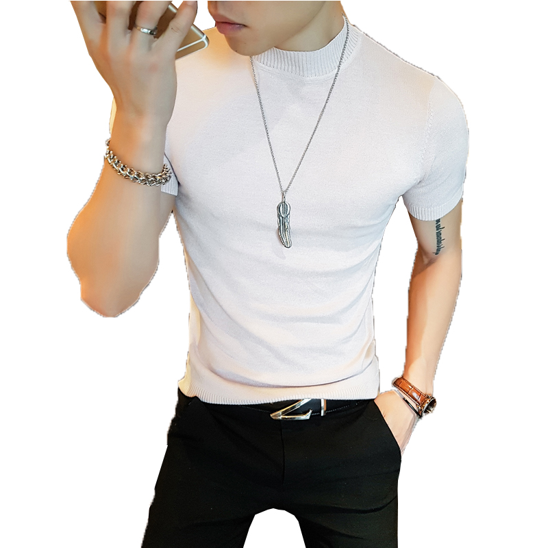 半高领短袖T恤男士夏款韩版修身纯色针织打底衫青年个性时尚休闲