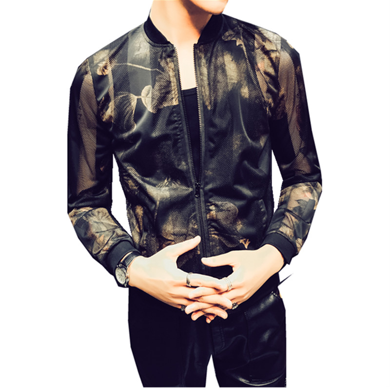 2018夏款透气薄款镂空印花防晒衣夹克立领外套型师夜店大码男装