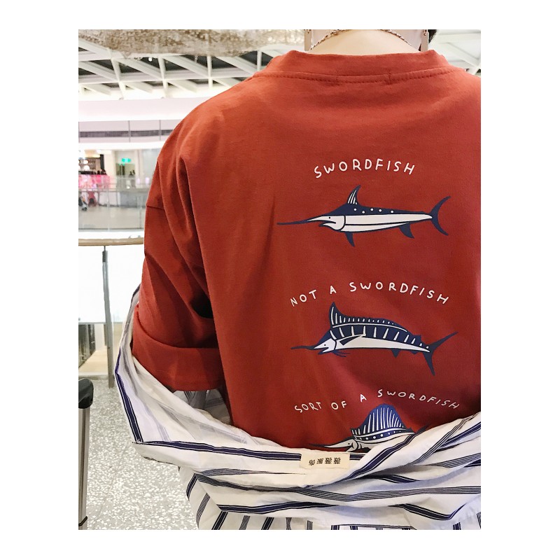 青少年T恤短袖男学生韩版时尚2018夏款半袖宽松鲨鱼印花港风体恤
