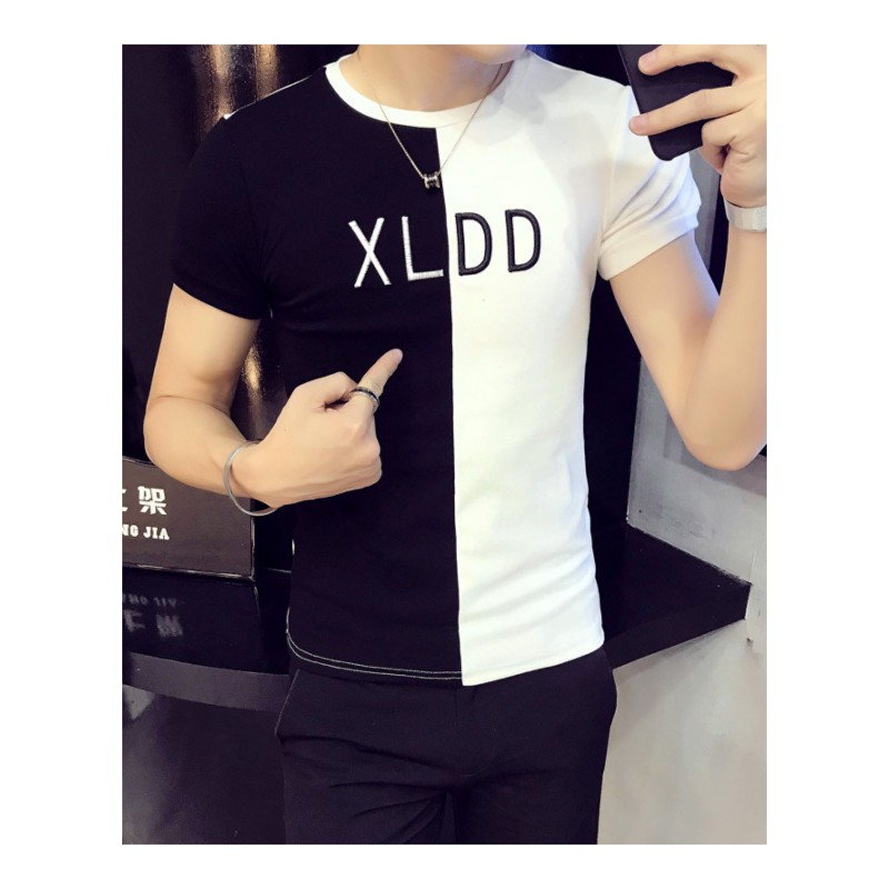 拼色短袖男装夏款红人韩版半截袖个性刺绣网红气质衣服修身T恤潮