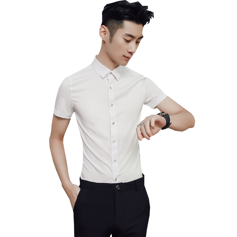 夏款五分袖衬衫男士韩版修身时尚修身短袖白色衬衣型师半袖小衫