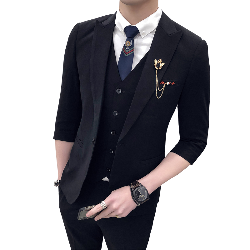 春夏韩版修身七分袖西服套装男型师中袖西装三件套商务新郎结婚