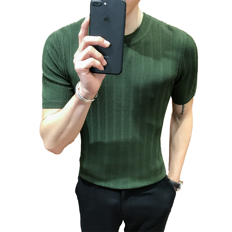 圆领短袖T恤男士2018夏款韩版修身暗条纹针织打底衫青年休闲