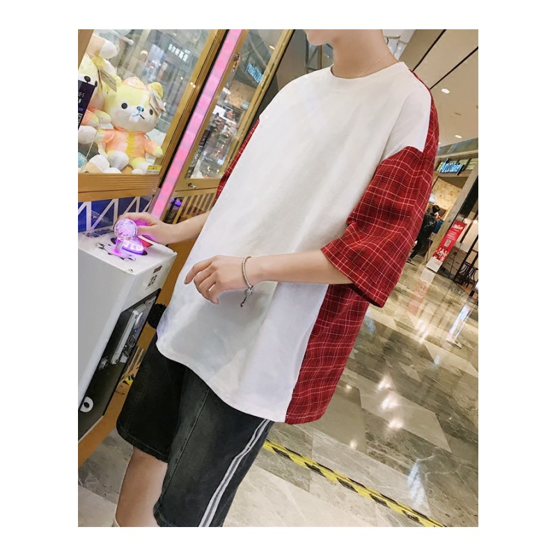 夏款新款时尚百搭格子短袖T恤韩版时尚简约宽松上衣休闲五分袖男