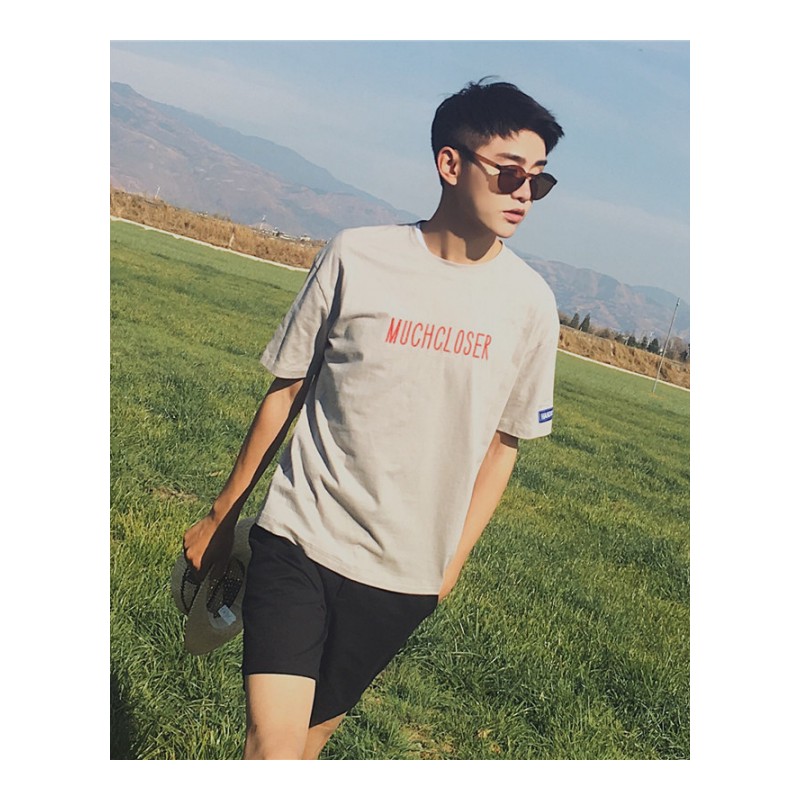 2018夏款新款韩版时尚时尚刺绣字母圆领纯色修身百搭短袖T恤男