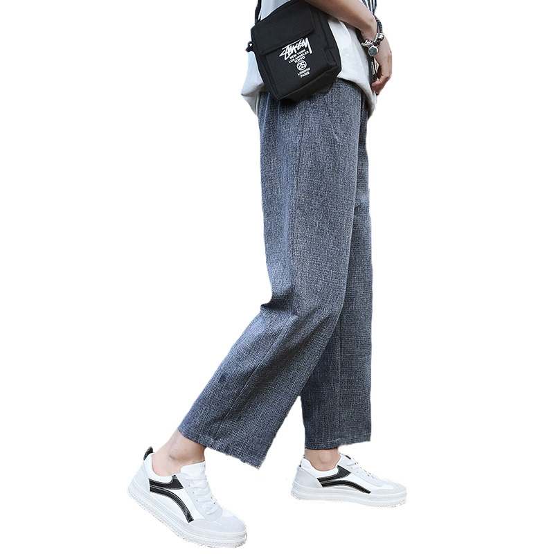 日韩风夏款阔腿裤男韩版宽松纯色休闲裤九分裤青少年潮裤子学生