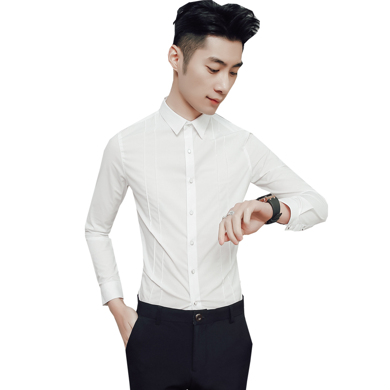 白衬衫男长袖修身韩版帅气春夏款新款纯色衬衣时尚型师时尚寸衫