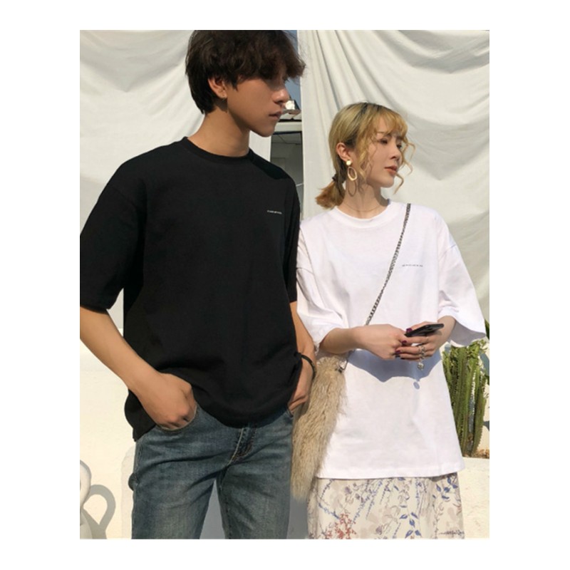 韩国风潮时尚简约小字母纯色短袖T恤男女bf宽松大版原宿五分袖