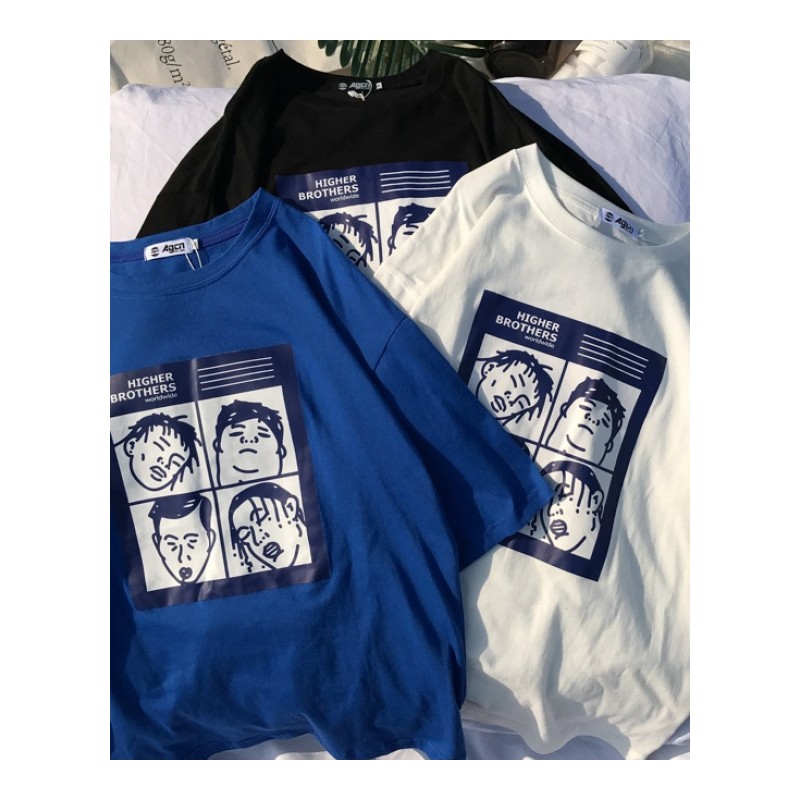 夏款韩版潮男潮原宿日系复古人物头像格子印花短袖T恤男宽松学生