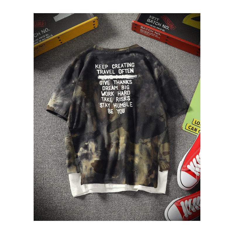 夏款款男士短袖T恤大码韩版圆领半袖个性迷彩做旧青年时尚学生TEE
