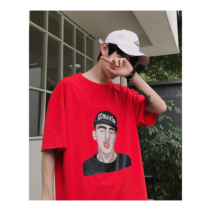 夏款韩版日韩风学生青少年嘻哈人物印花图案短袖T恤男宽松半袖潮