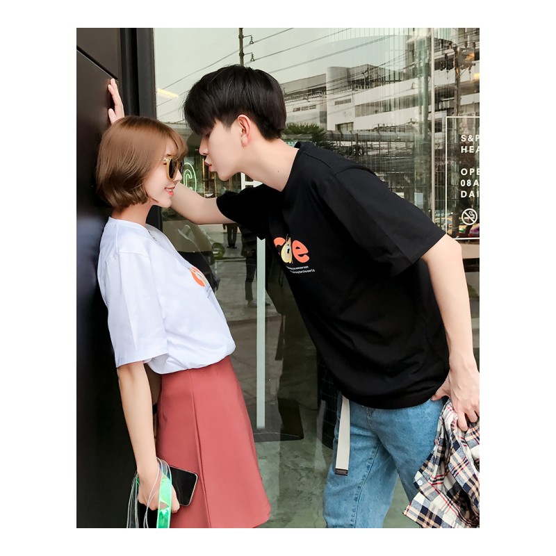 夏款新款韩版情侣装可爱少女卡通动物字母印花短袖T恤男女bf宽松