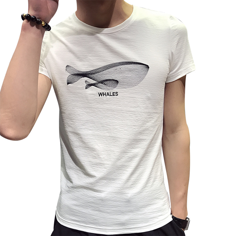 2018新款夏款男士韩版半袖打底衫鲸鱼刺绣修身短袖T恤
