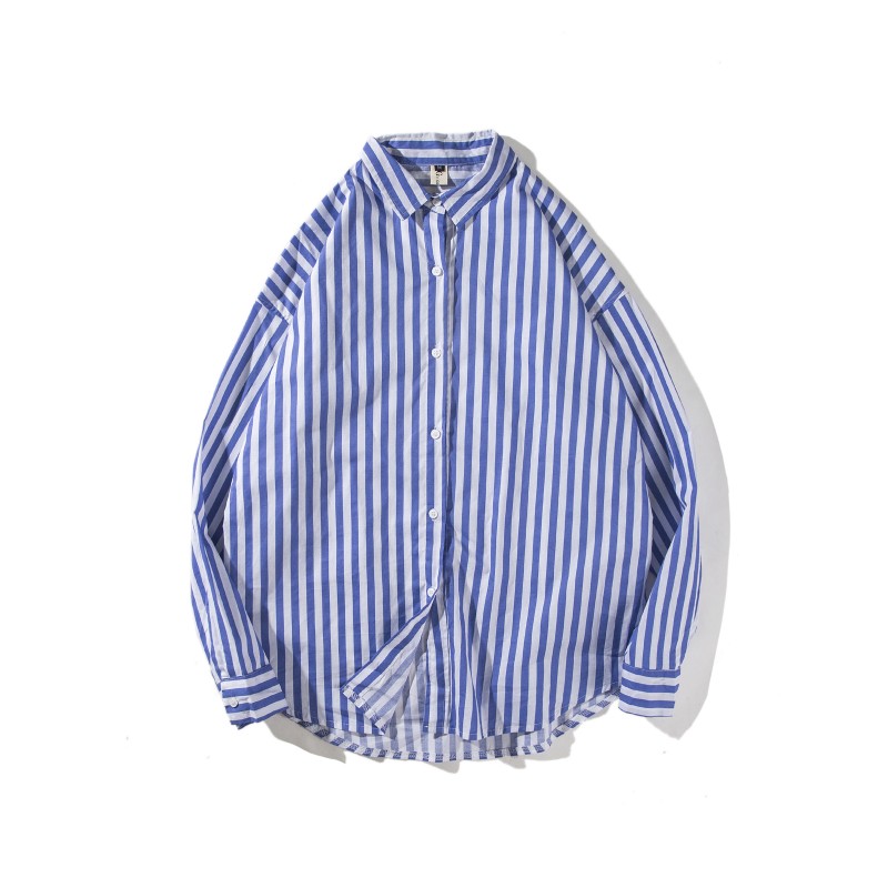 春夏装韩版情侣装时尚蓝白条纹尖领长袖衬衫男女bf宽松防晒衣外套