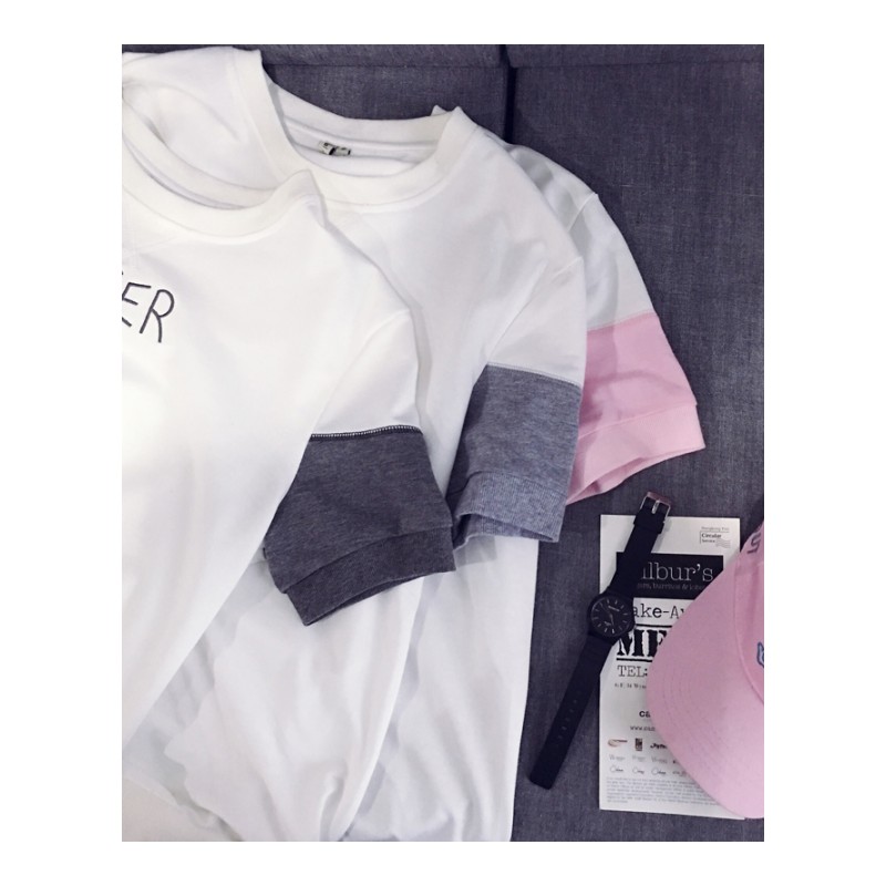夏款新款字母绣花圆领短袖T恤韩版个性时尚时尚百搭简约五分袖男