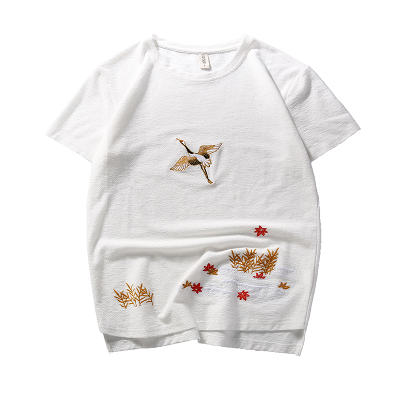 2018夏款中国风薄款圆领短袖T恤中式复古五分袖仙鹤刺绣大码男装