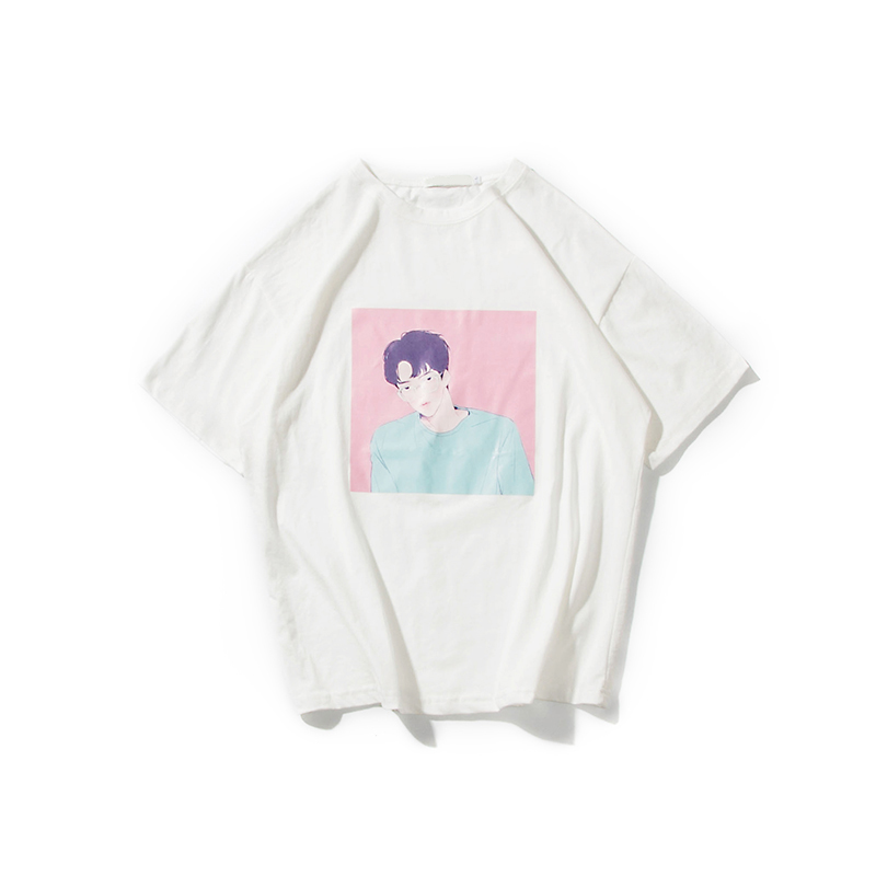 2018新款T恤男士夏款短袖小清新男装韩版时尚印花情侣装宽松上衣