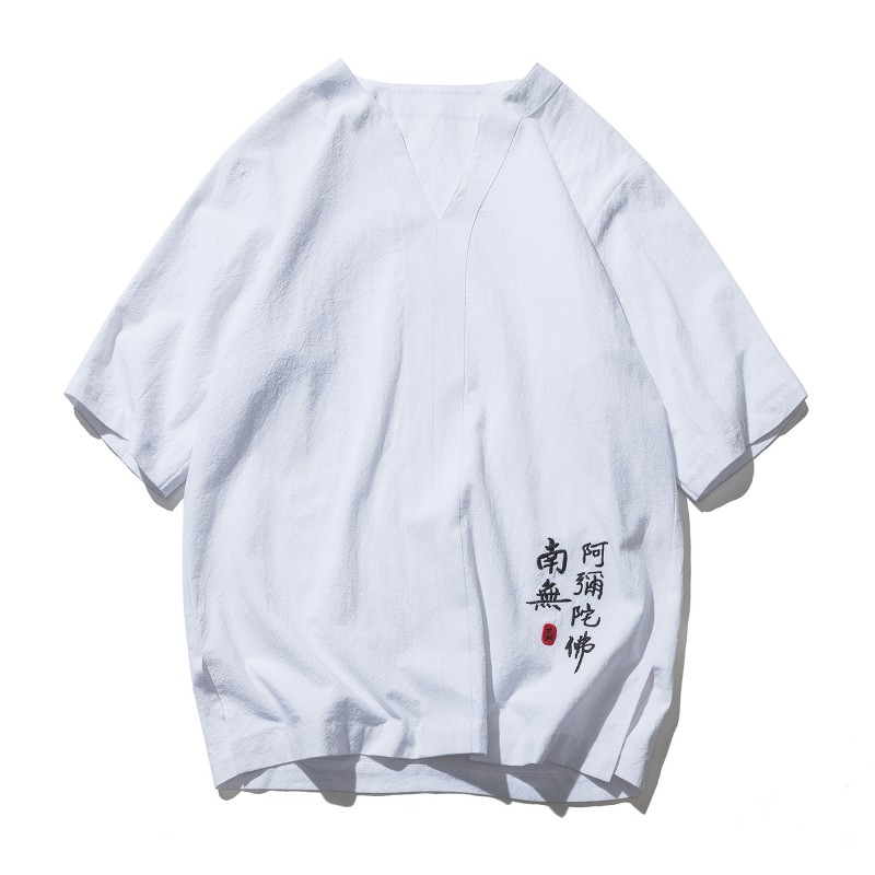 2018夏新款V领五分袖男士大码宽松短袖T恤中国风棉麻刺绣中袖佛系