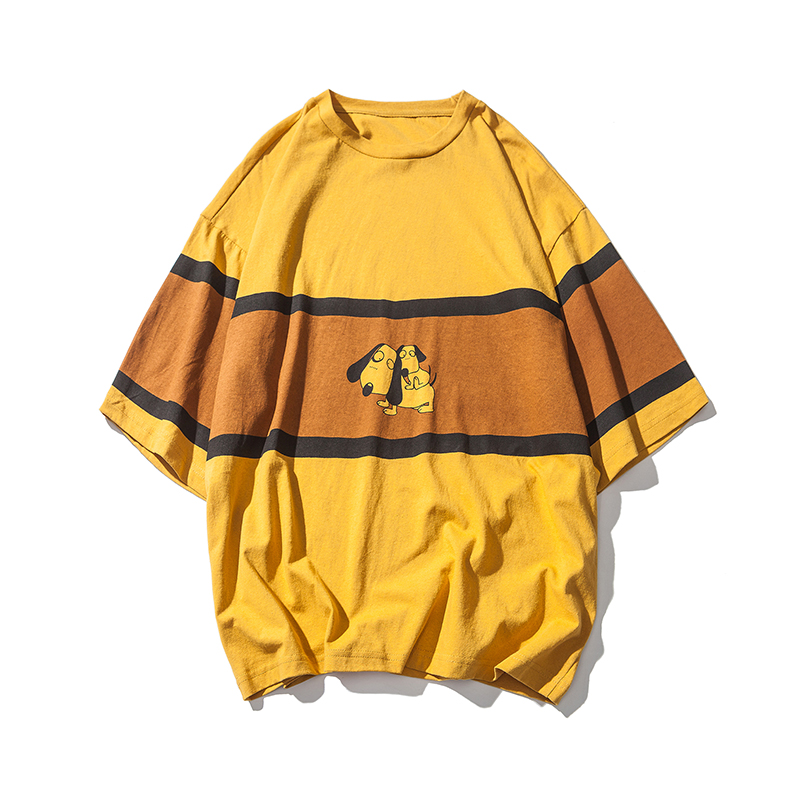 夏款韩版情侣装小清新卡通动物印花拼色短袖T恤男女bf宽松大版