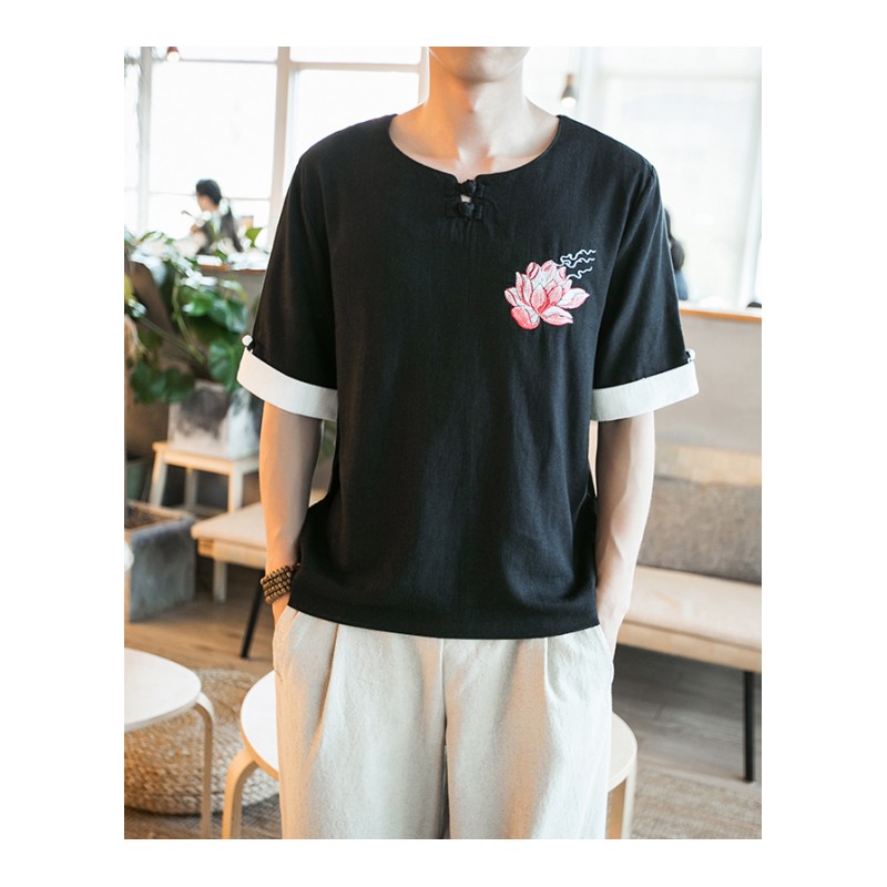 民族风复古盘扣短袖夏款男士大码宽松五分袖中国风亚麻刺绣T恤男