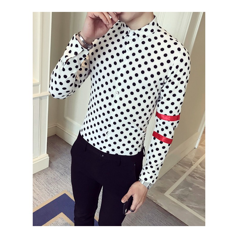 2018春夏社会精神小伙韩版修身圆领衬衫潮男士青少年学生黑色寸衫