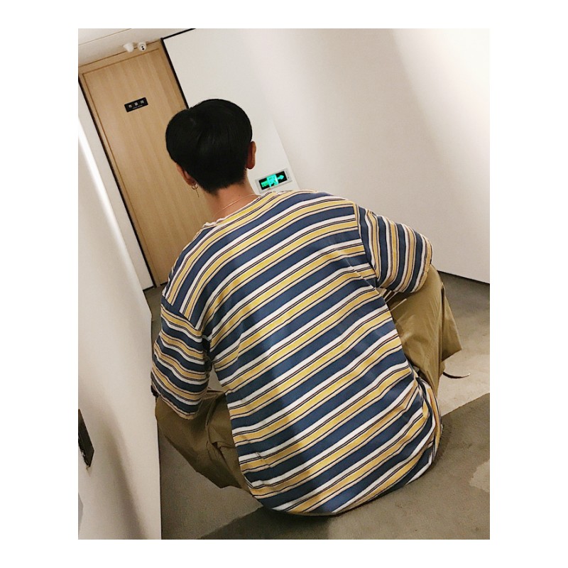 夏款新款韩版学生文艺范三色细横条纹口袋短袖T恤男宽松半袖时尚