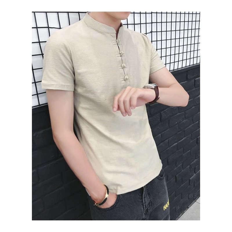 2018夏款亚麻短袖T恤男韩版时尚休闲立领白色T恤上衣半袖修身体恤