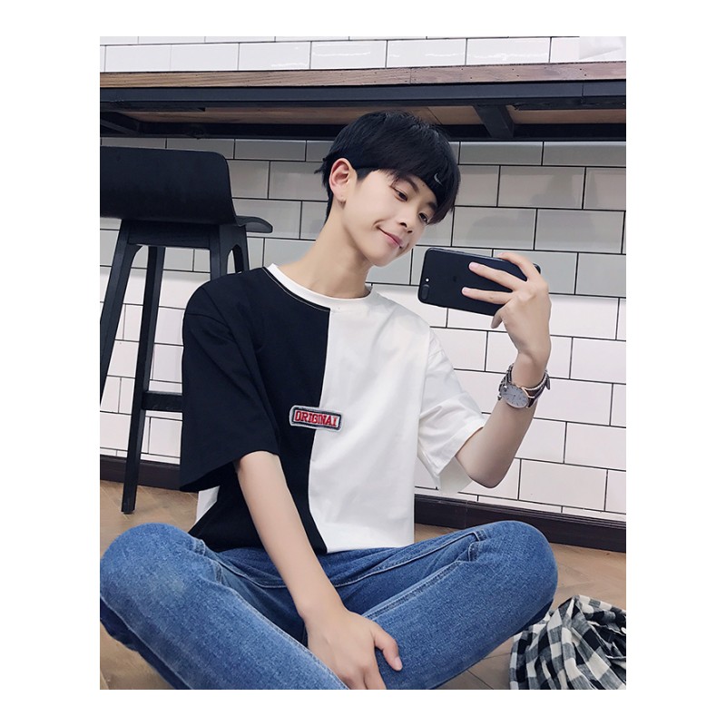 2018夏款新款拼色短袖T恤男士宽松帅气上衣服韩版时尚学生半截袖