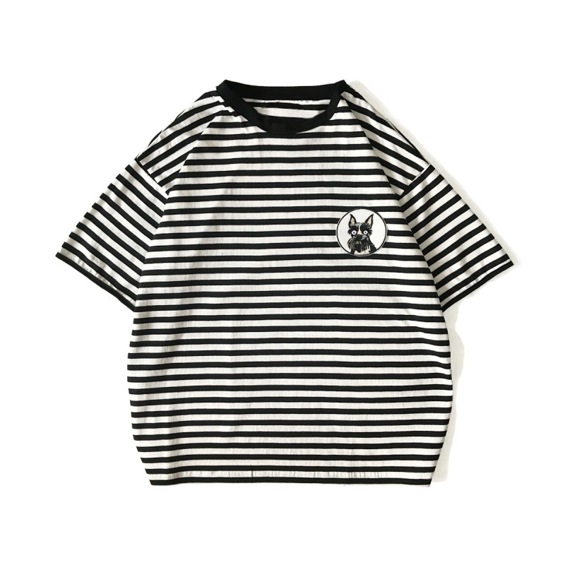 夏款韩版气质情侣小清新小狗贴布条纹短袖T恤男女bf宽松半袖上衣