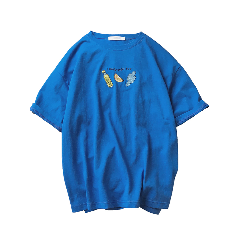 夏款韩版青少年文艺范简约纯色水果仙人掌刺绣字母短袖T恤男宽松