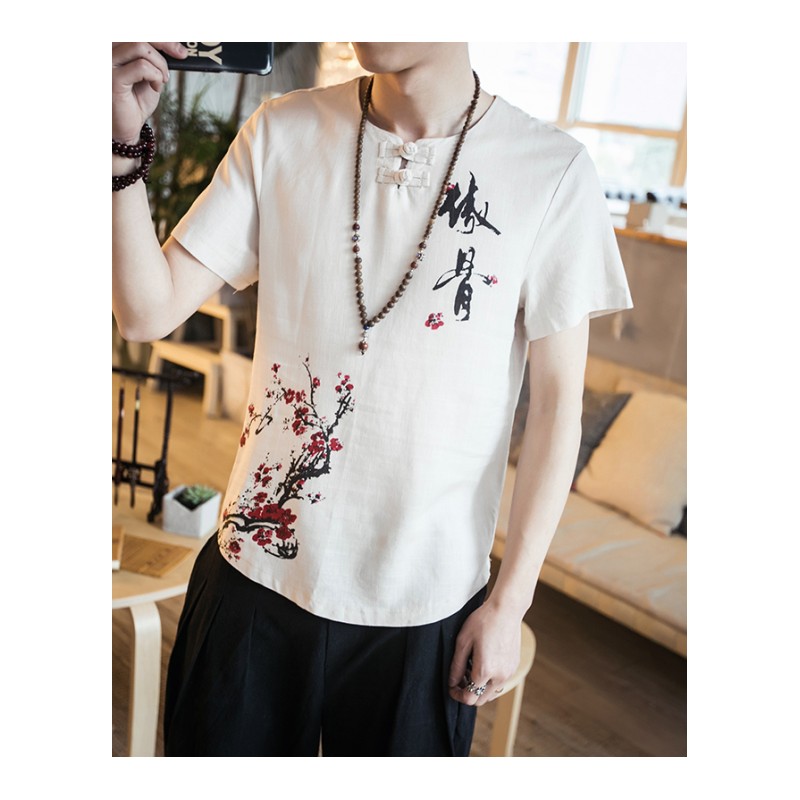 中式复古盘扣短袖男夏款薄款大码半袖中国风数码印花亚麻时尚T恤