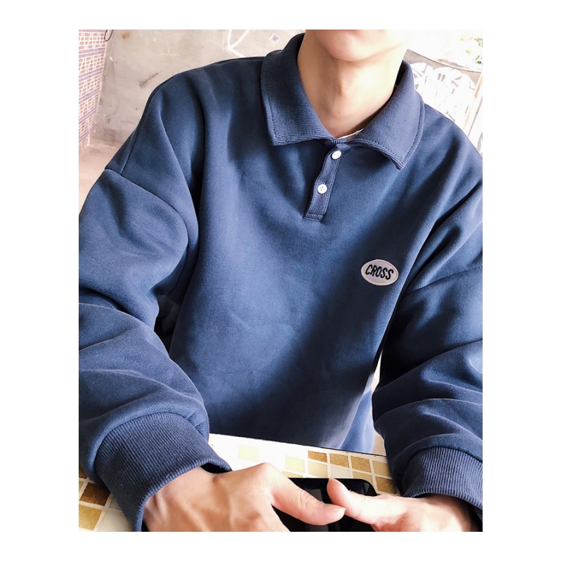 春夏韩版潮时尚校园风简约字母刺绣翻领长袖卫衣男宽松原宿上衣