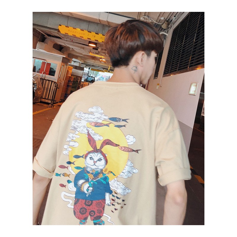 初中生男夏款短袖T恤韩版时尚学生2018卡通印花日系男士宽松半袖T