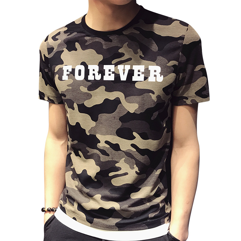 2018夏款迷彩圆领短袖T恤男韩版时尚学生字母印花半袖衣服