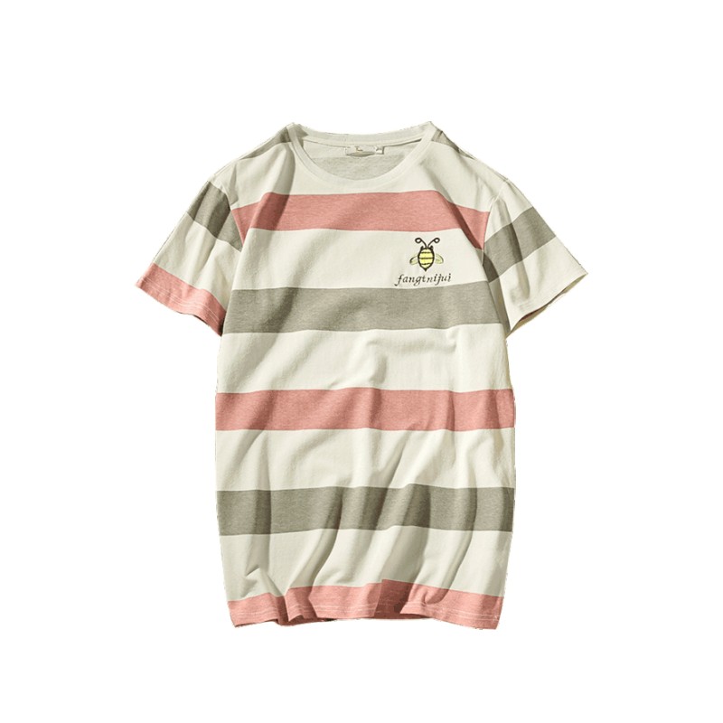 港风时尚宽条纹短袖T恤夏装新款日系文艺小清新半袖大码体恤衫潮