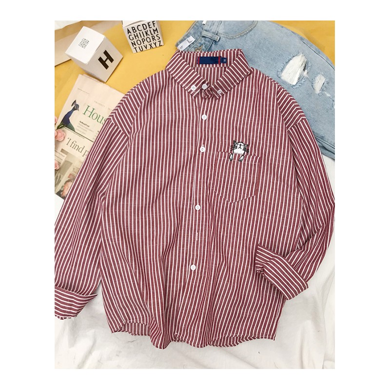 2018夏款长袖衬衫男韩版bf青少年 猫绣花衬衣小清新学生上衣外套