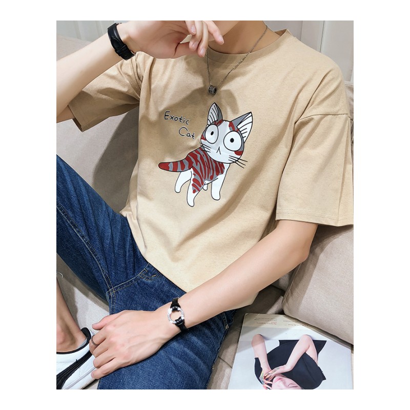 2018夏款新款短袖T恤男韩版青年卡通猫咪印花圆领半袖时尚体恤衫