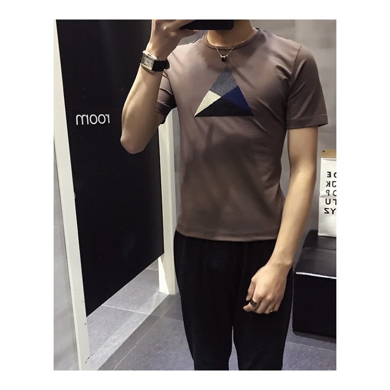2018夏款修身气质韩版短袖T恤男撞色半袖圆领半袖打底衫青年T恤男