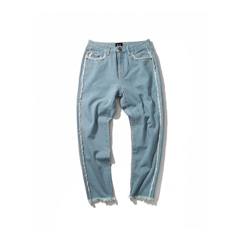 夏款浅色牛仔裤男裤子韩版时尚学生港风bf宽松日韩风百搭九分裤