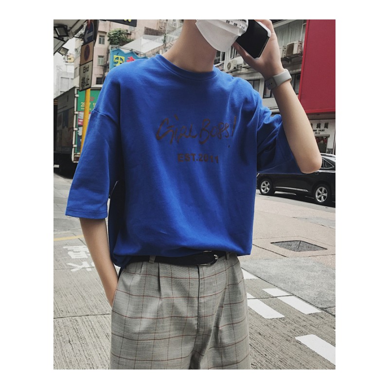 夏装2018新款5分袖T恤男短袖青少年衣服韩版宽松个性时尚半袖TEE