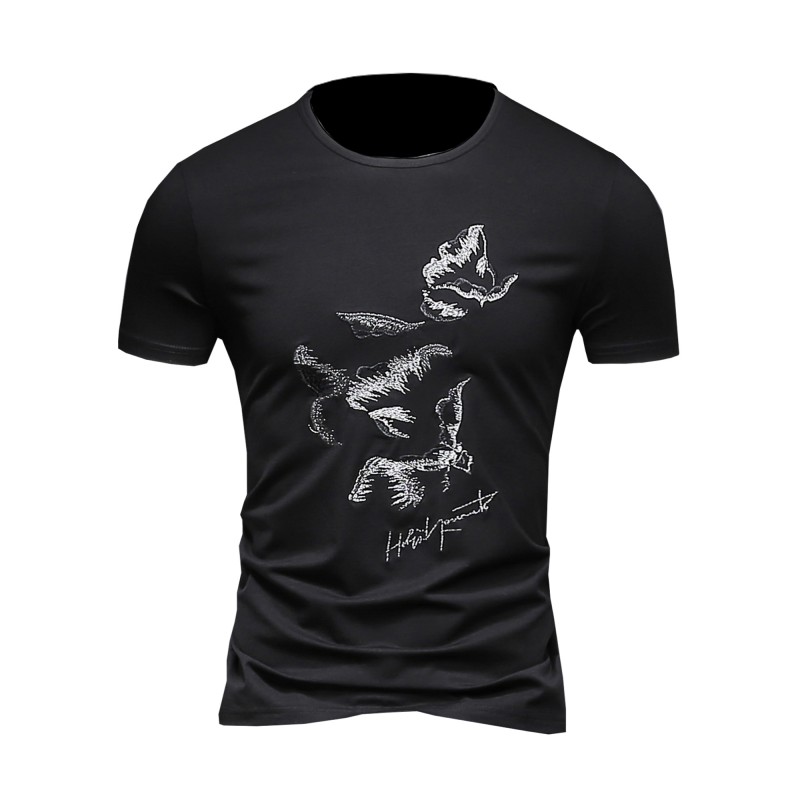 2018新款绣飞鸟简约气质棉韩版打底衫社会小伙体恤半袖修身男短袖