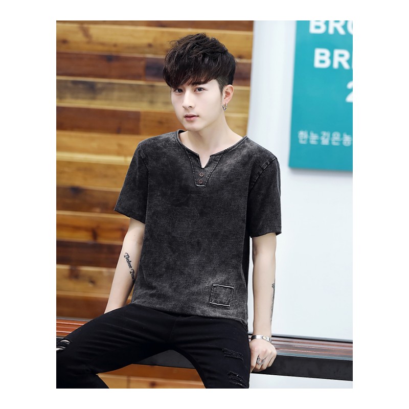 2018新款韩风牛仔套头短袖T恤男士韩版修身打底衫青年V领牛仔上衣