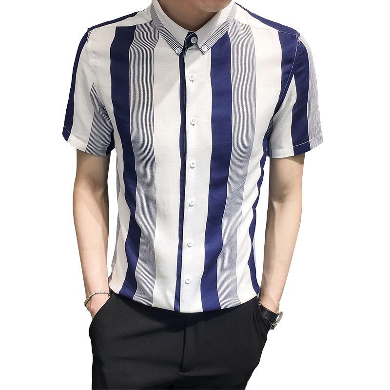 蓝色竖条纹2018年衬衫 潮男士短袖衬衣韩版修身型青少年型师